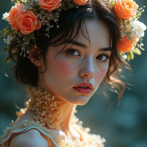 Portrait de mode avec des éléments floraux digitaux et oniriques.
