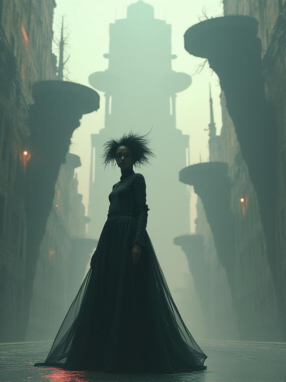Image de mode surréaliste avec une architecture impossible en arrière-plan.